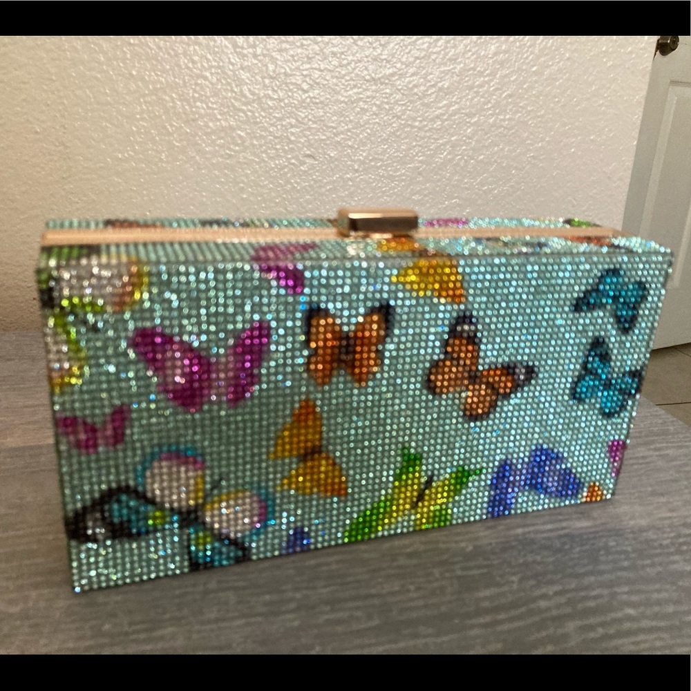 Rhinestone blue butterfly clutch